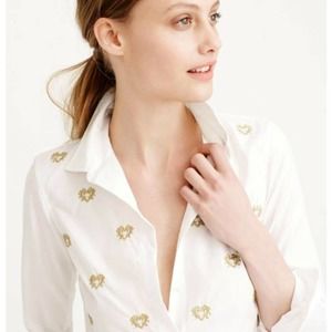 J.Crew Women's Bullion Hearts Button Down Shirt Size 2P White Long Sleeve